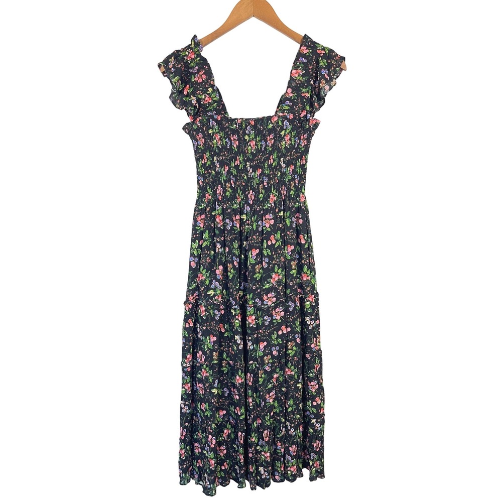 Hill House Home Ellie Nap Smocked Floral Midi Dress XS Black Boho Whimsy Praire